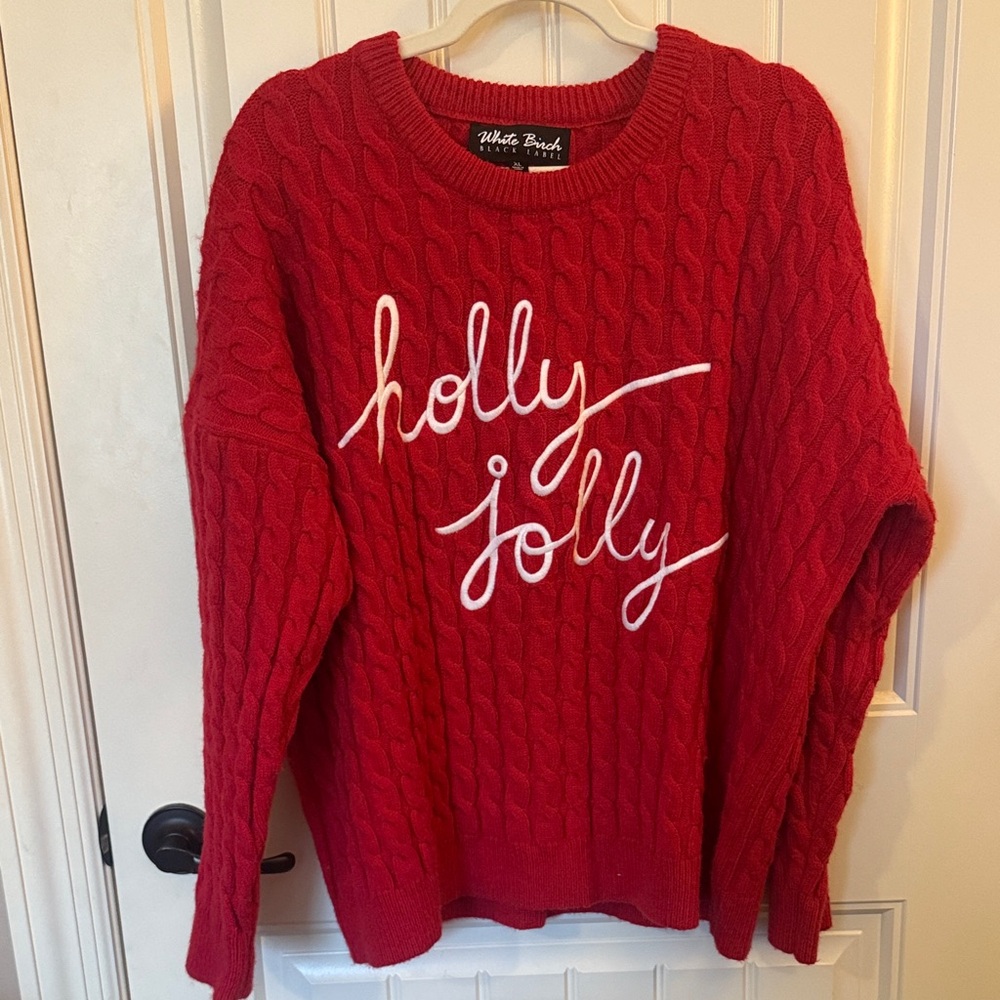 White Birch Festive Red Sweater with Embroidered Script Design
